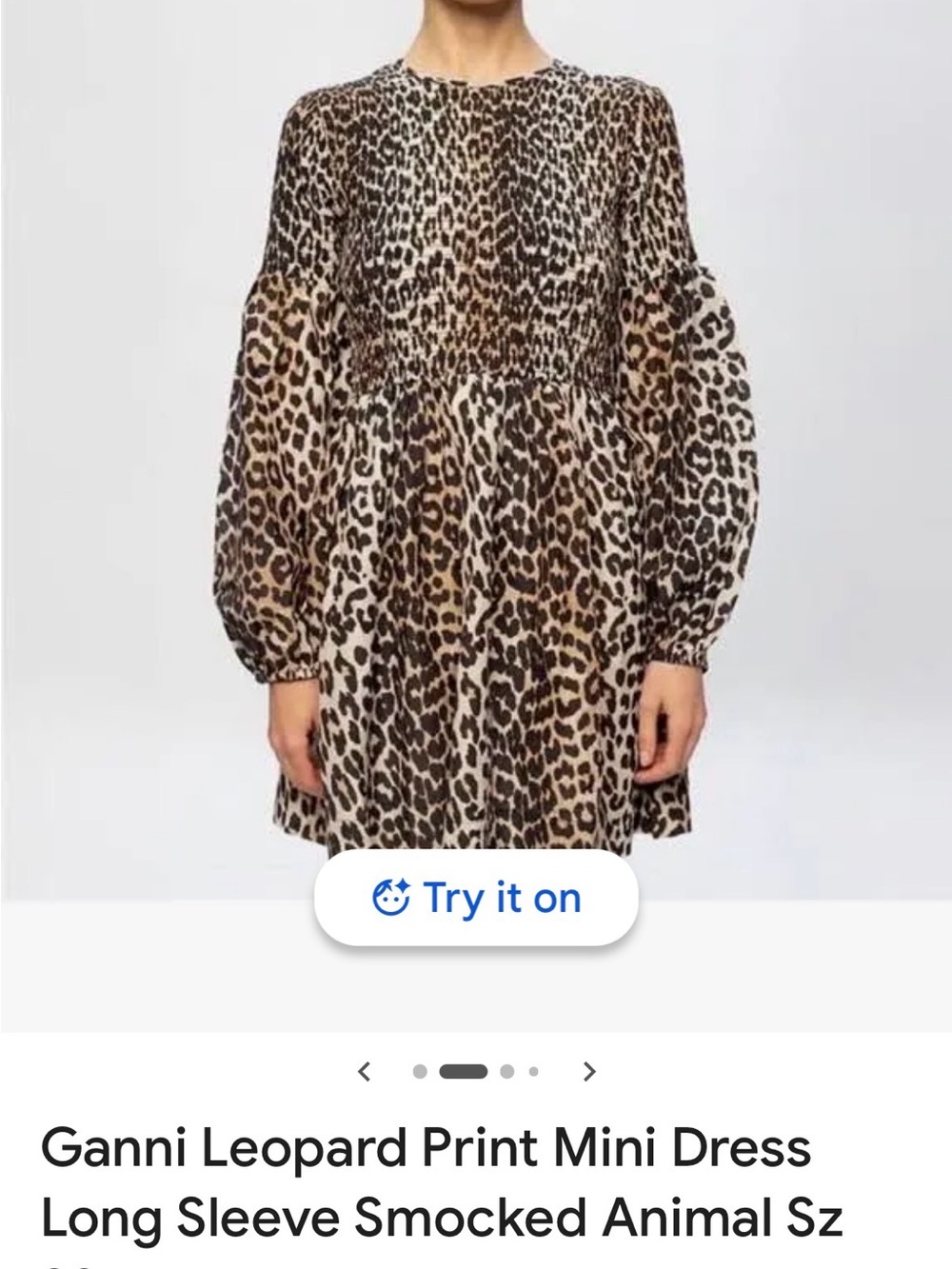 Ganni Smocked Leopard-Print Mini Dress — Brown & Black